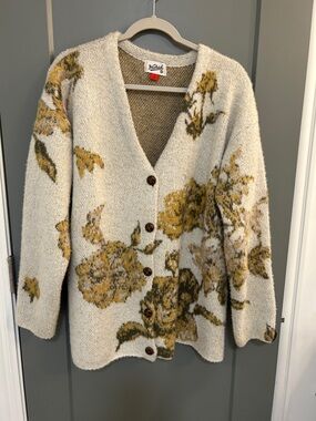 Woolrich  Cream Knit Cardigan with Mustard Floral Pattern Size Medium